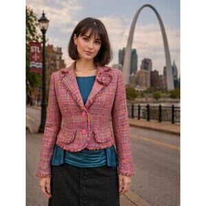 Ice Girl Pink Tweed Cropped Blazer Fringe Jacket Preppy Small